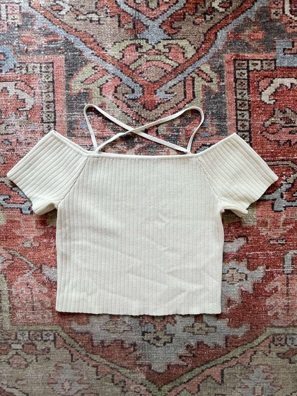 Ribbed Off-Shoulder Knit Crop Top with Crisscross Straps - Cream